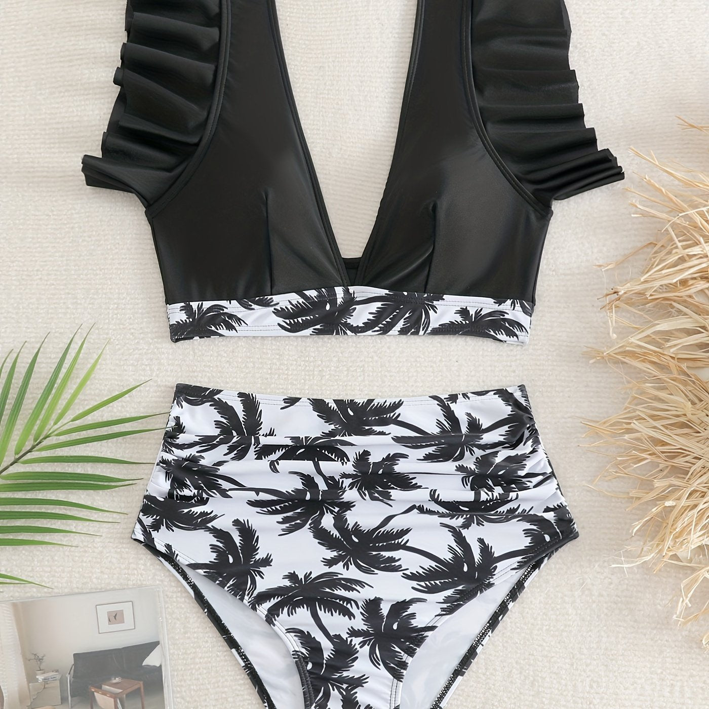 "Obsidian Wave – Ruffle Lettuce V-Neck High-Waist Bikini Set"
