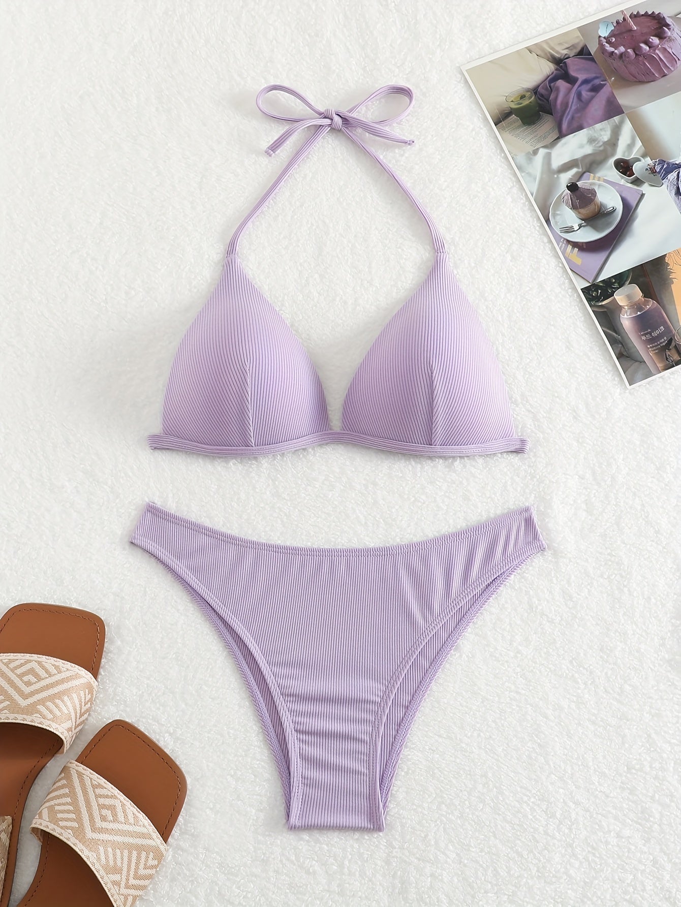 "Starfish Strands – Rib Knit Tie-Back Triangle Bikini Set"