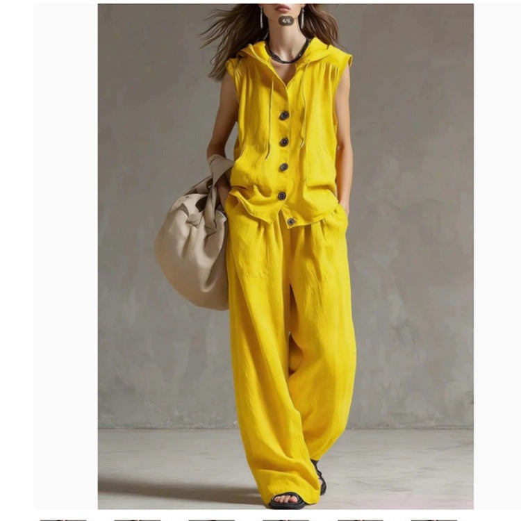 Sleeveless Hooded Top & Wide-Leg Pants Set | High-Waist Two-Piece