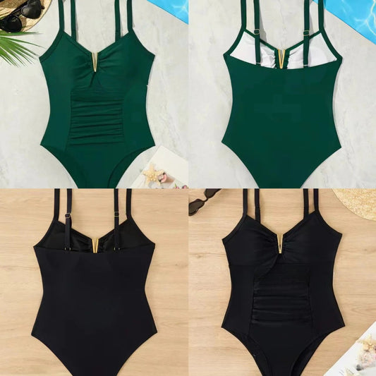 Solid Color One-Piece Swimsuit with Padded Bra – Swimming & Beach