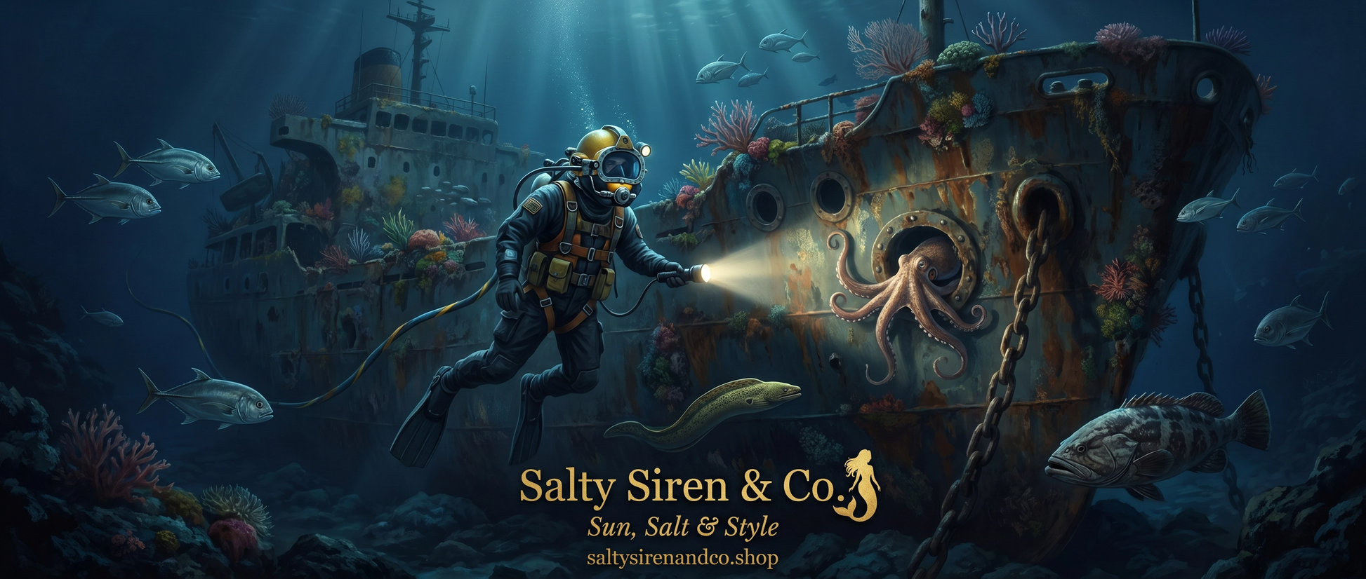 Deep sea diver exploring a shipwreck with octopus — Salty Siren & Co. tumbler