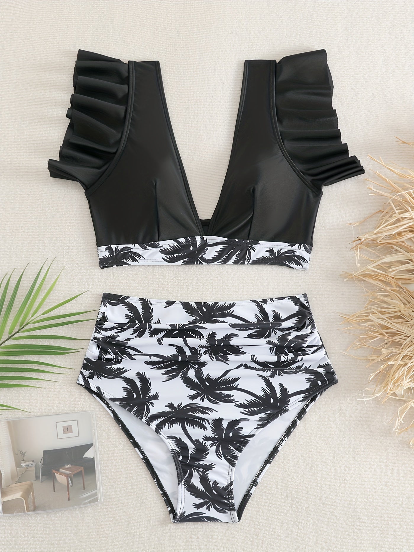 "Obsidian Wave – Ruffle Lettuce V-Neck High-Waist Bikini Set"
