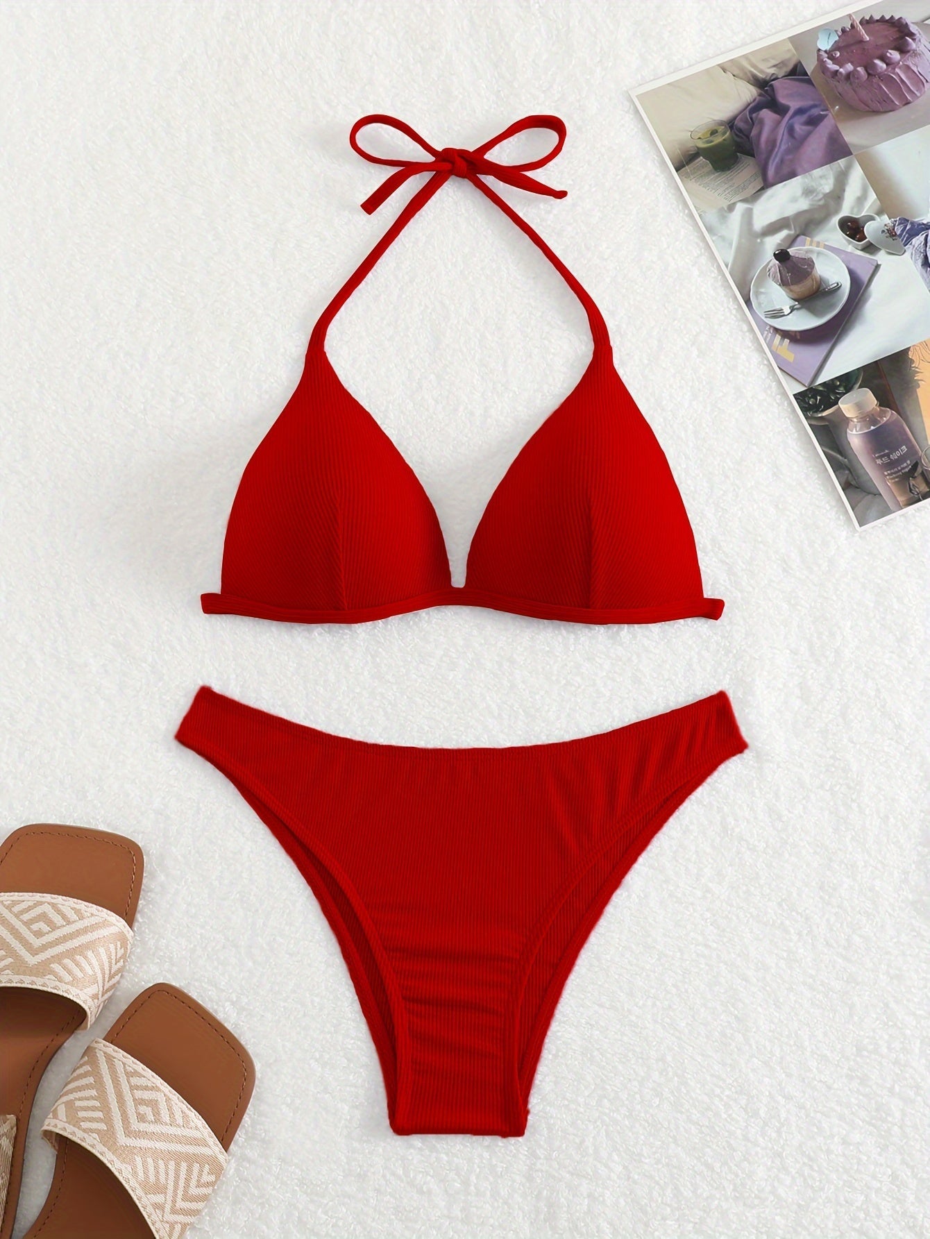 "Starfish Strands – Rib Knit Tie-Back Triangle Bikini Set"