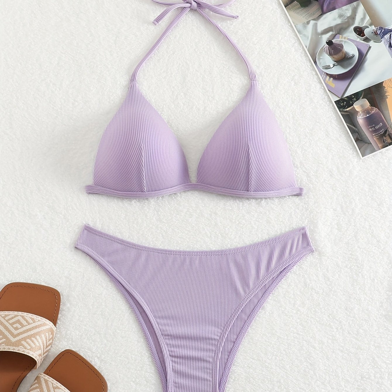 "Starfish Strands – Rib Knit Tie-Back Triangle Bikini Set"