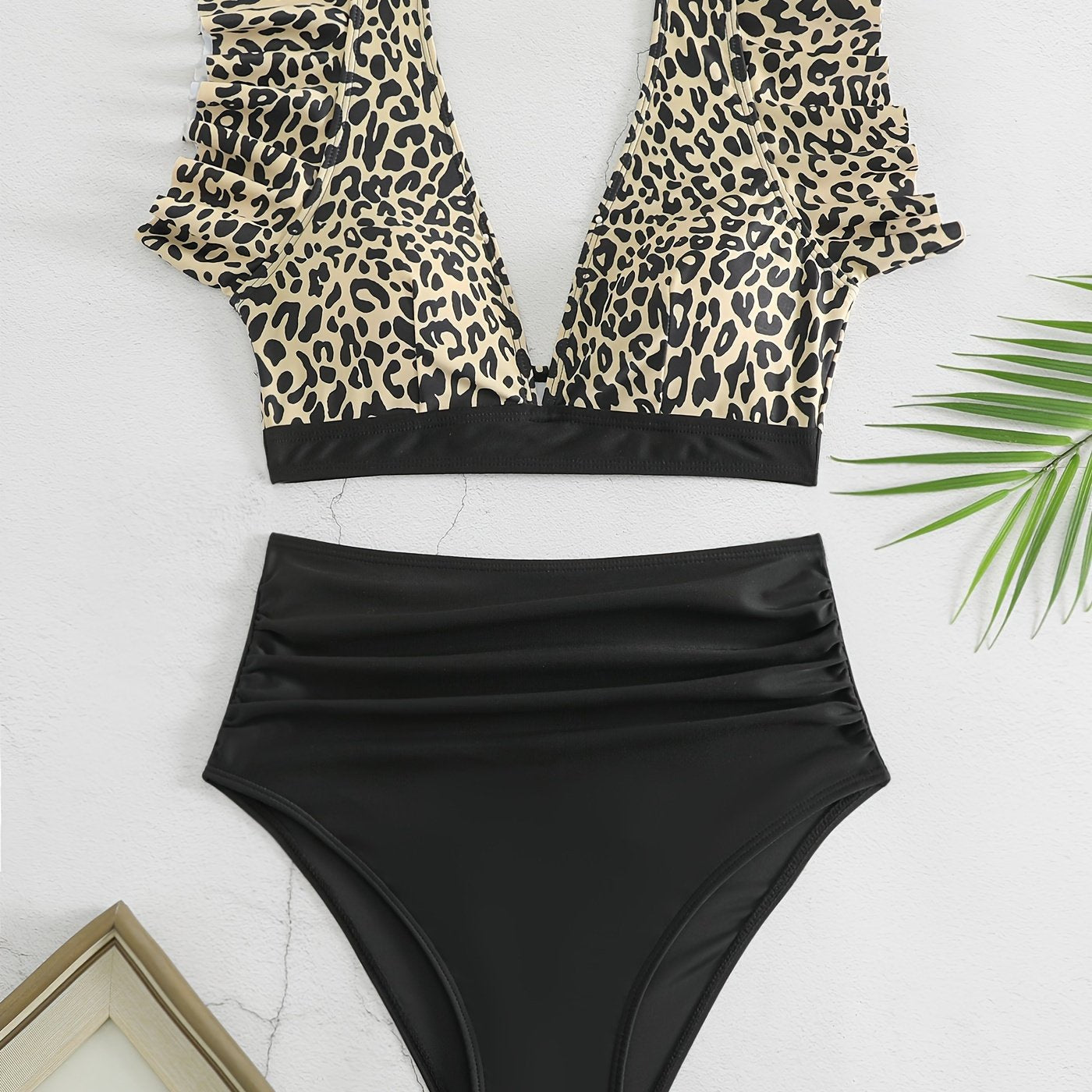 "Obsidian Wave – Ruffle Lettuce V-Neck High-Waist Bikini Set"