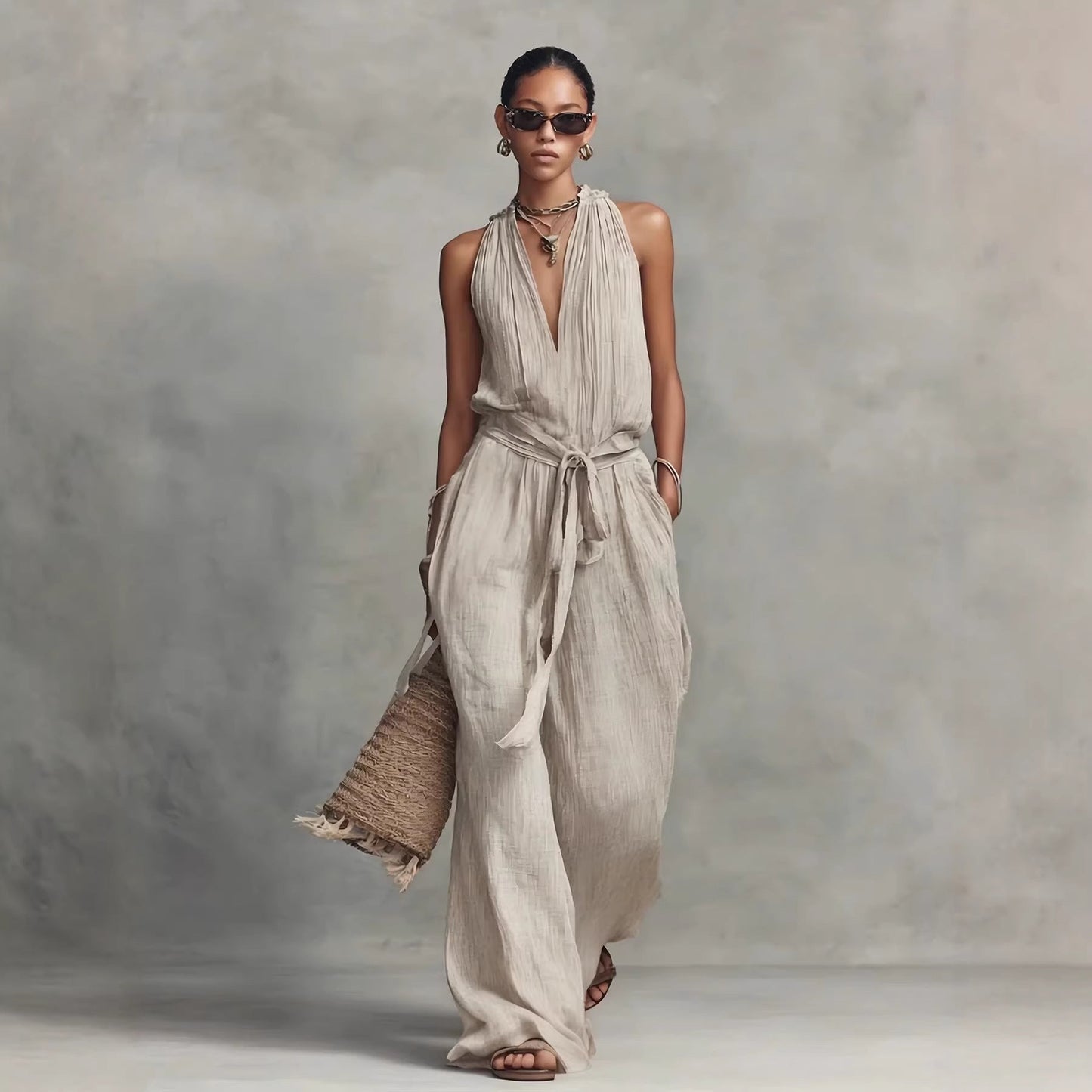 Lace-Up Sleeveless Straight-Leg Jumpsuit | Cotton-Blend