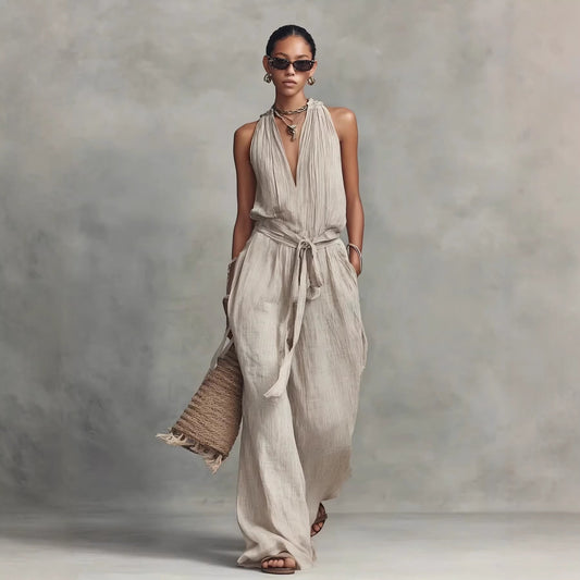 Lace-Up Sleeveless Straight-Leg Jumpsuit | Cotton-Blend