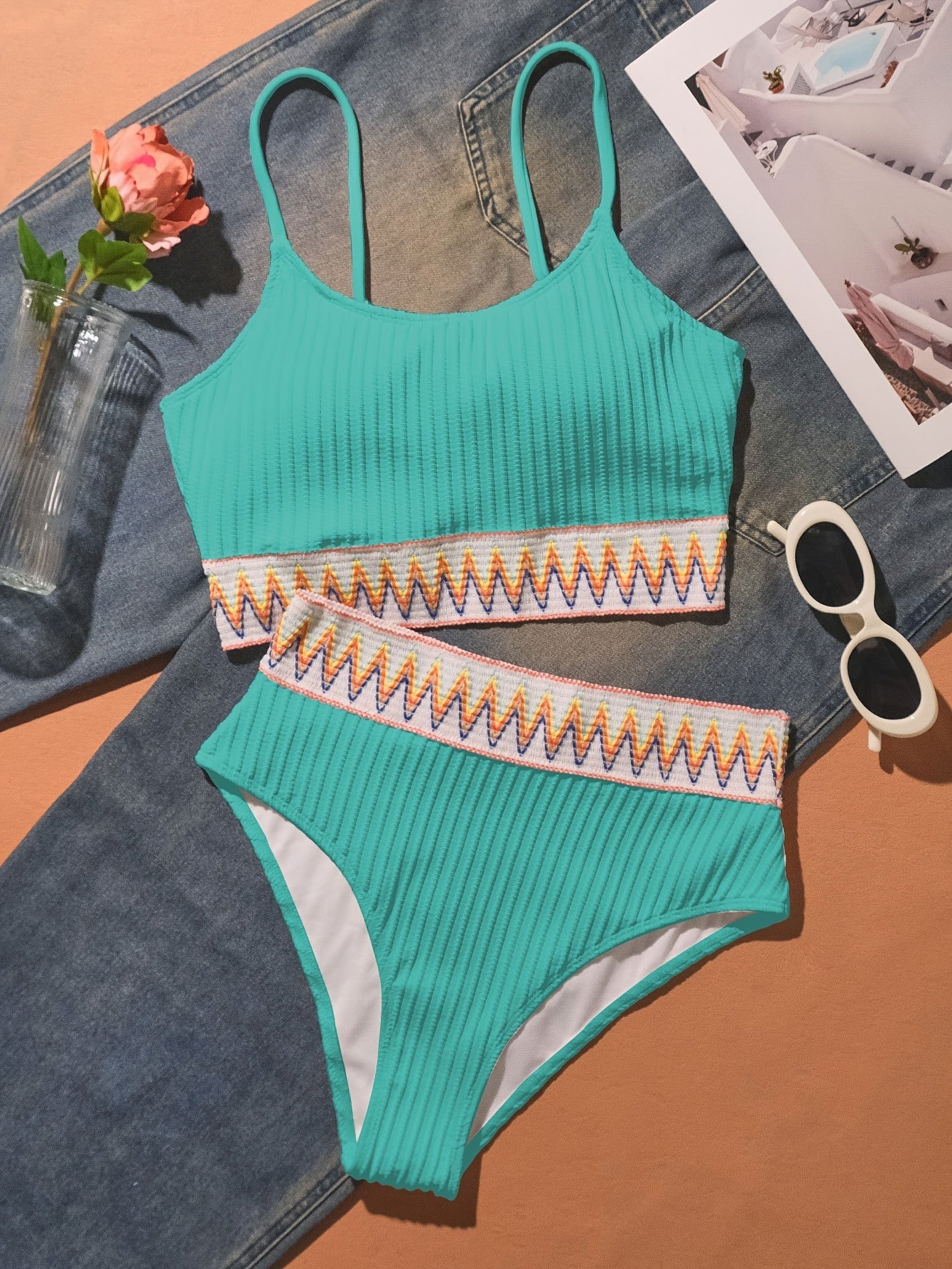 "Nautical Siren – High-Waist Contrast Mesh Bikini Set"