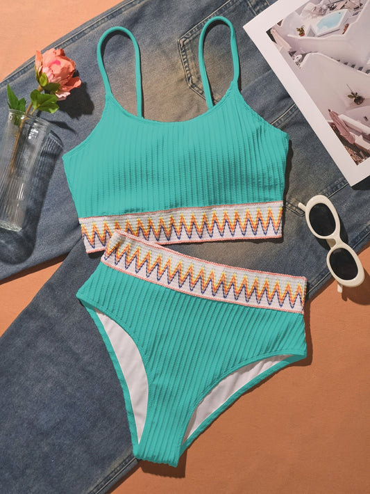 "Nautical Siren – High-Waist Contrast Mesh Bikini Set"