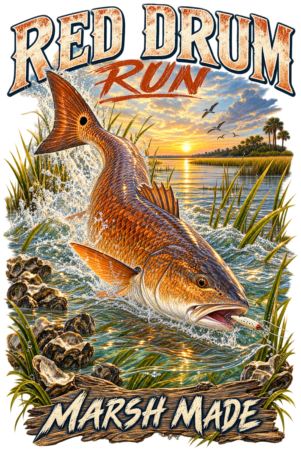 Hook'n & Reel'n – Red Drum Run performance shirt design