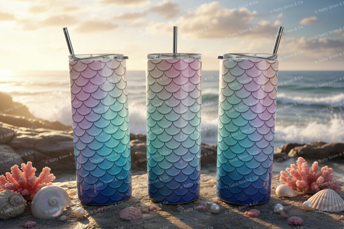 Mermaid Cove Glitter 20oz Tumbler - Three Panel Mockup