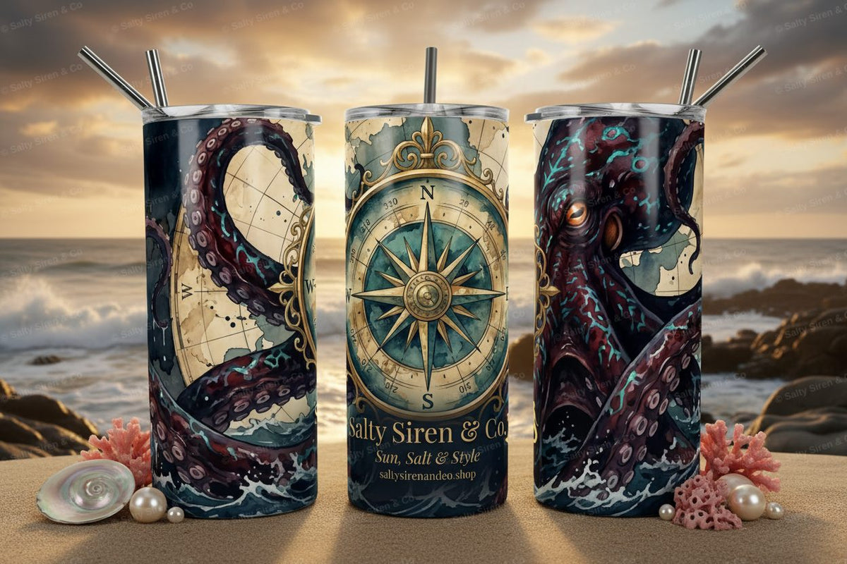 Compass Kraken 20oz Tumbler - Three Panel Mockup