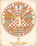 Stay Salty Live Wild retro checkerboard mermaid badge graphic tee by Salty Siren & Co
