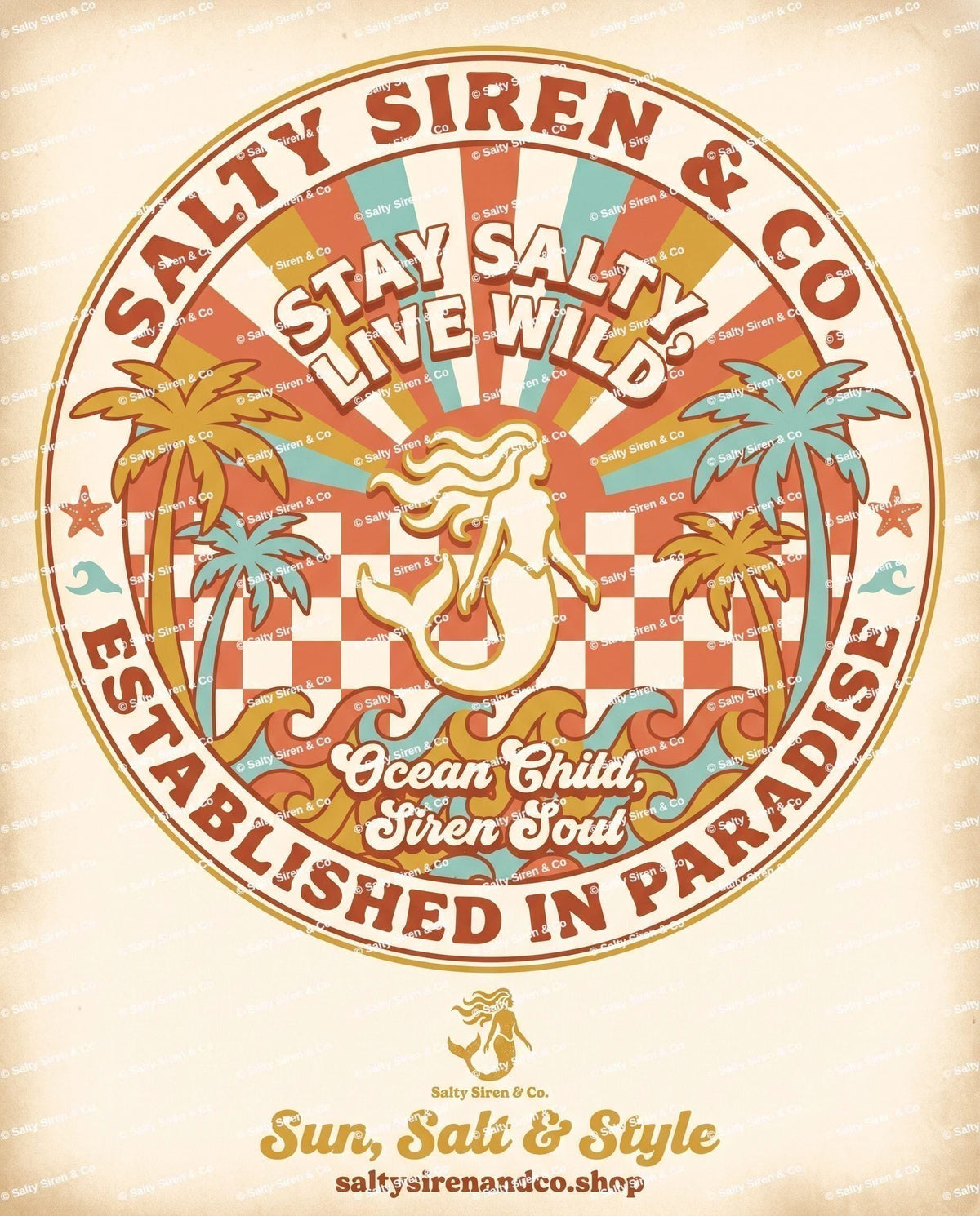Stay Salty Live Wild retro checkerboard mermaid badge graphic tee by Salty Siren & Co