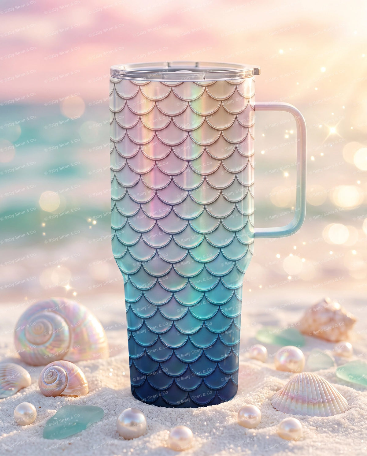 Mermaid Cove Glitter Tumbler — teal glitter and mermaid scale mockup