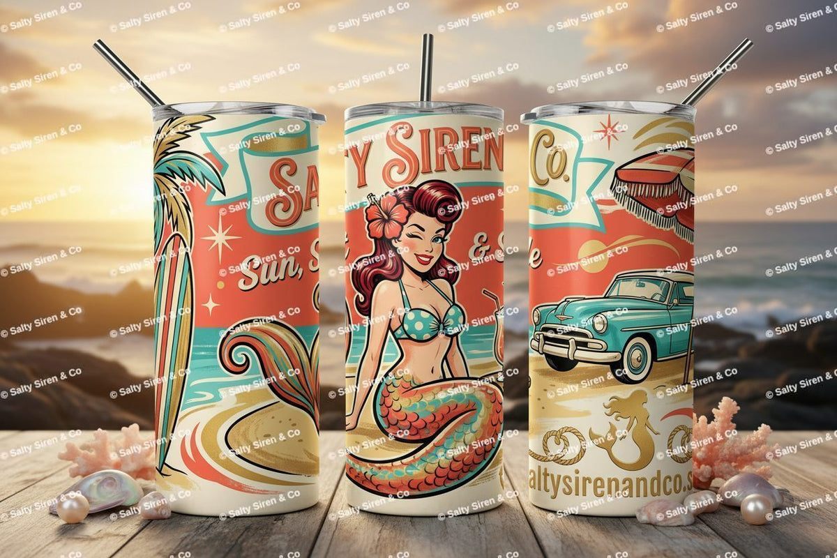 Retro Pinup Siren 20oz Tumbler - Three Panel Mockup