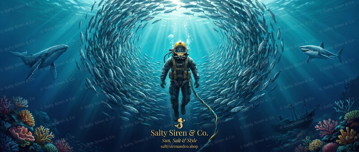 Deep sea diver walking through a bait ball with whale and shark — Salty Siren & Co. tumbler