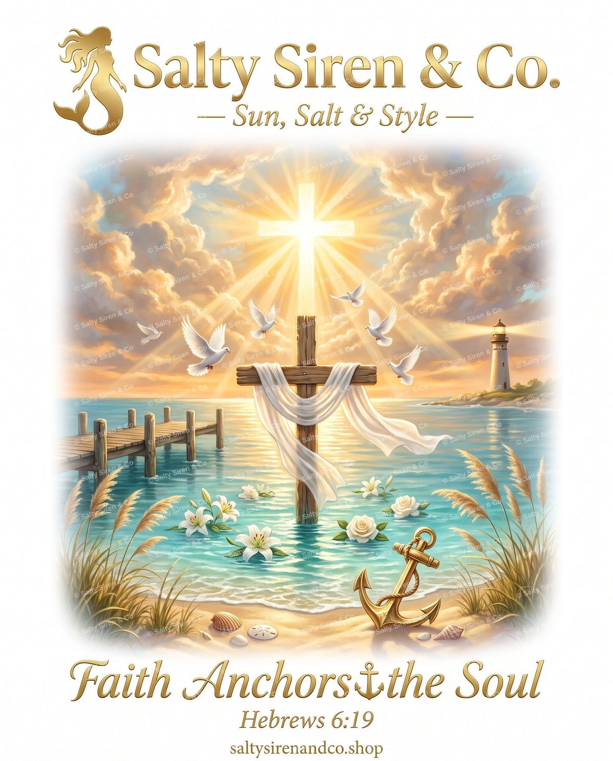 Faith Anchors the Soul coastal cross with doves and anchor graphic tee by Salty Siren & Co