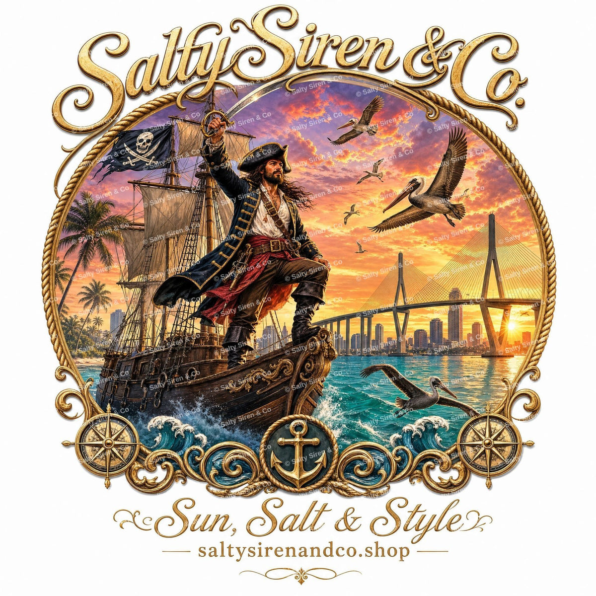 Sun Salt & Style Pirate Ship graphic tee design by Salty Siren & Co
