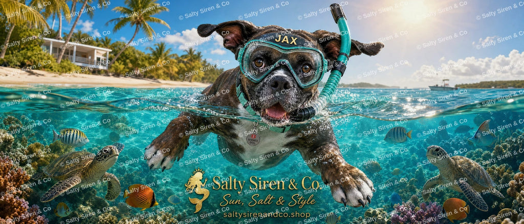 Jax the dog snorkeling over a coral reef — Salty Siren & Co. tumbler