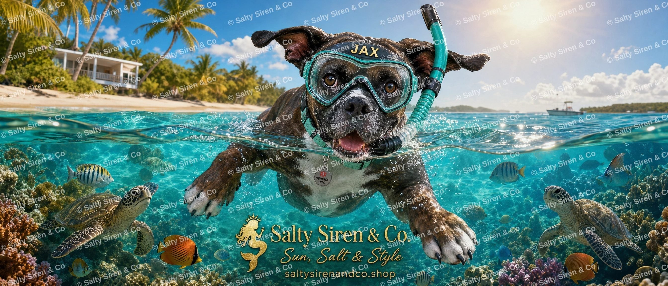 Jax the dog snorkeling over a coral reef — Salty Siren & Co. tumbler