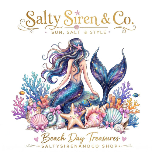 Beach Day Treasures galaxy mermaid sitting on coral graphic tee by Salty Siren & Co