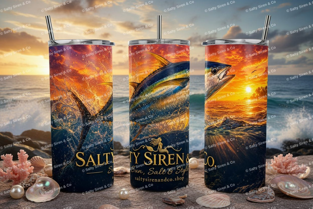 Yellowfin Tuna at Sunset 20oz Tumbler - Three Panel Mockup