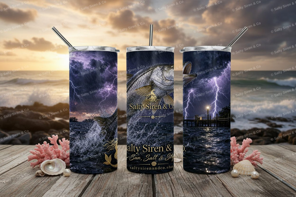 Snook Lightning Storm 20oz Tumbler - Three Panel Mockup