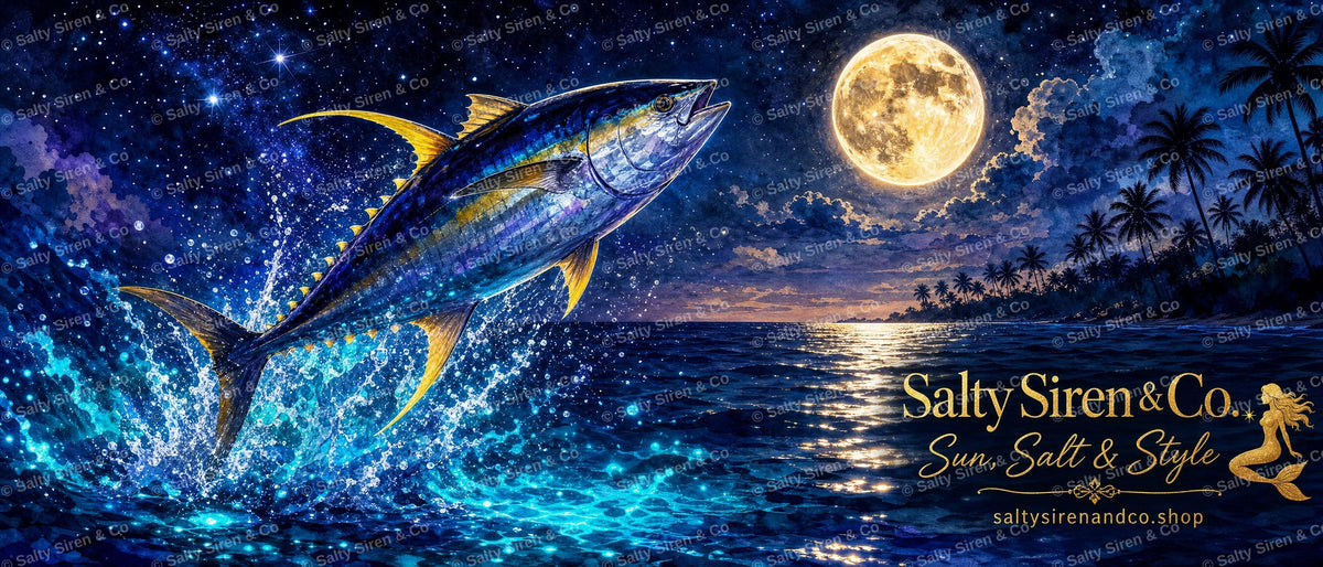 Yellowfin Tuna Leaping Under a Full Moon