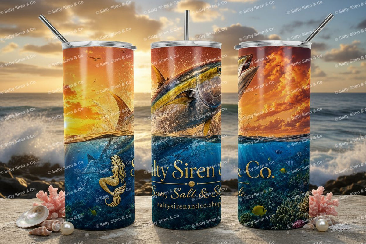Yellowfin Tuna with Coral Reef 20oz Tumbler - Three Panel Mockup