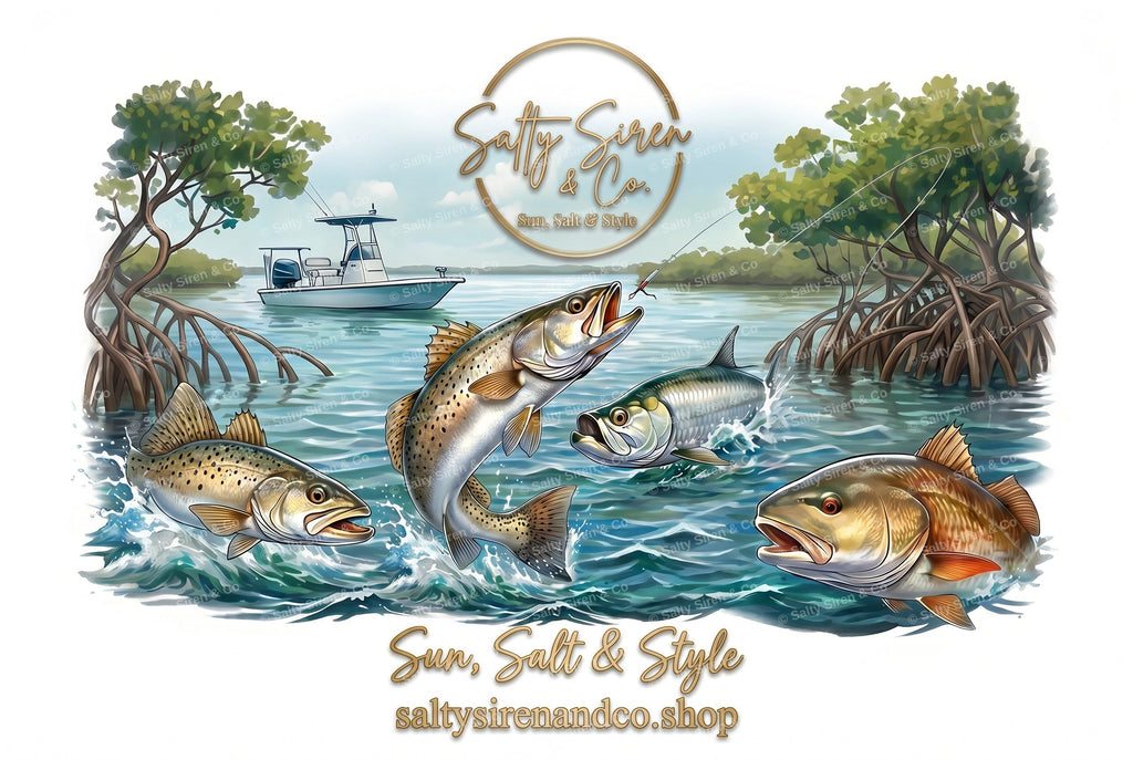 Inshore slam fishing art with snook, redfish, trout and tarpon in mangroves — Salty Siren & Co. tumbler