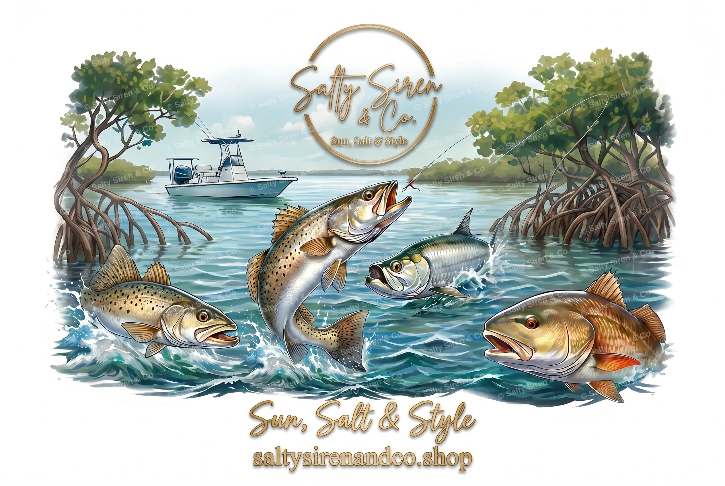 Inshore slam fishing art with snook, redfish, trout and tarpon in mangroves — Salty Siren & Co. tumbler