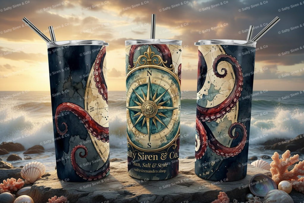 Compass Octopus 20oz Tumbler - Three Panel Mockup