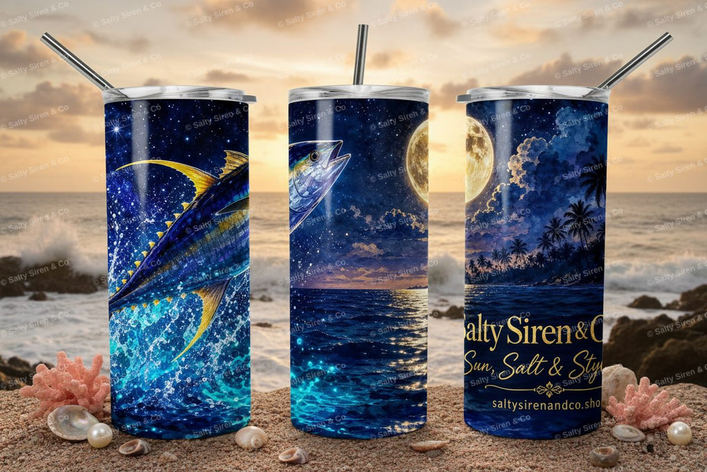 Yellowfin Tuna Full Moon 20oz Tumbler - Three Panel Mockup