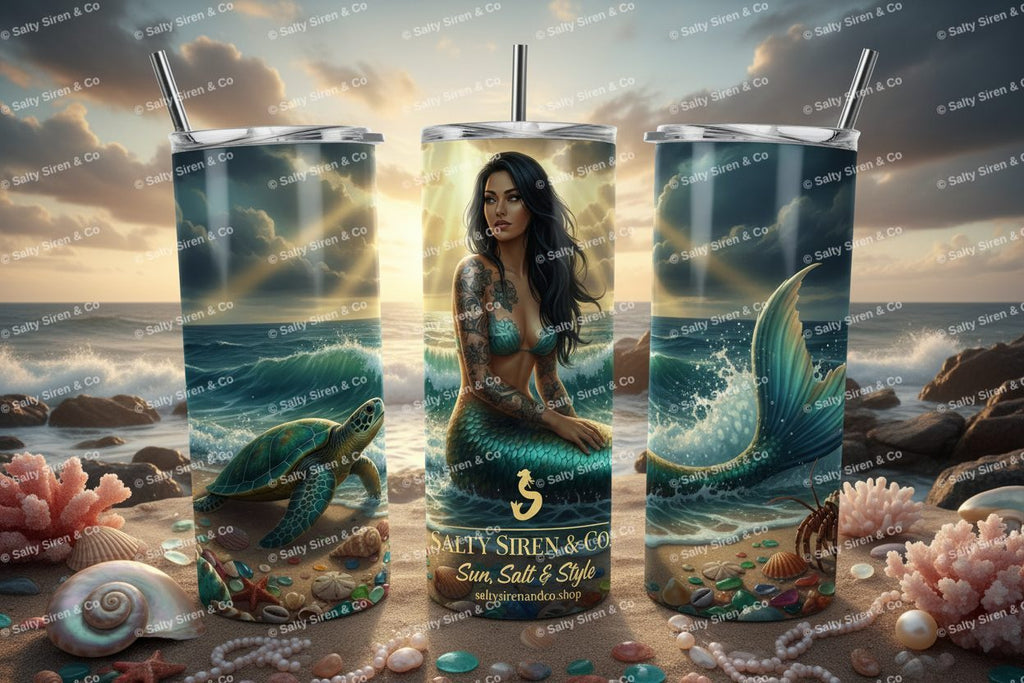 The Salty Siren 20oz Tumbler - Three Panel Mockup