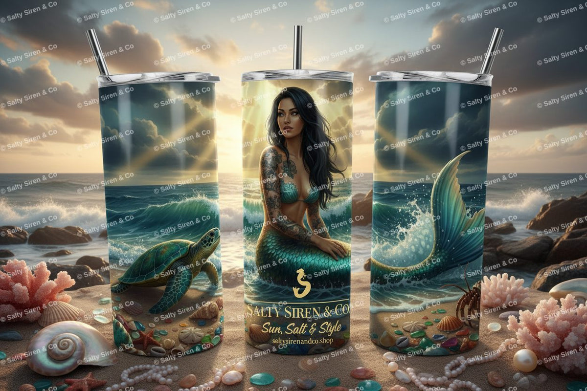 The Salty Siren 20oz Tumbler - Three Panel Mockup