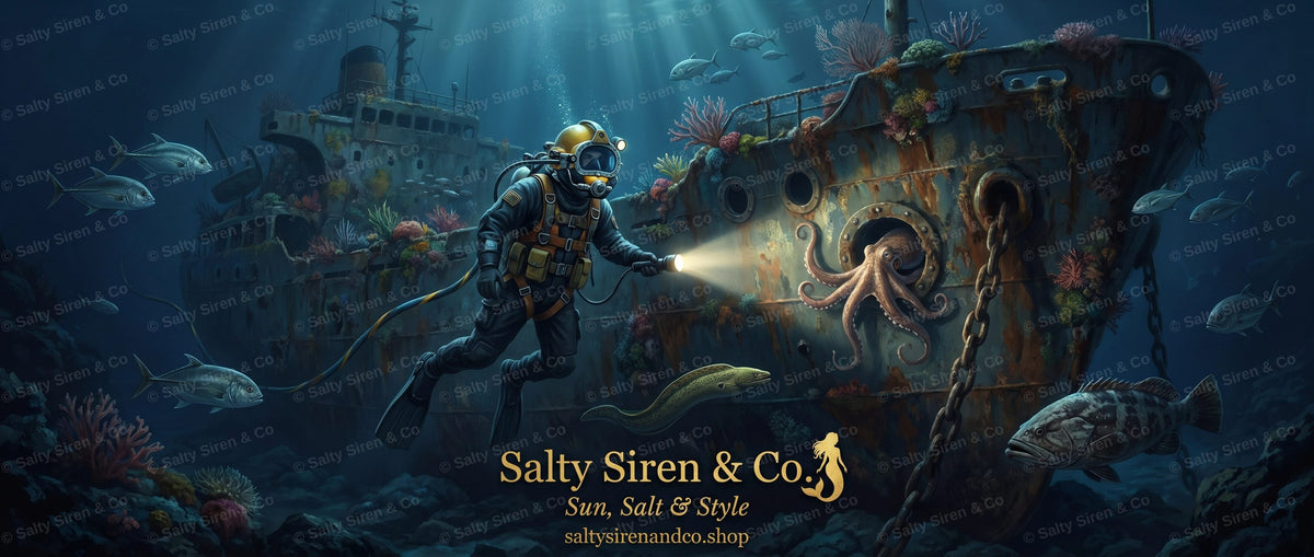 Deep sea diver exploring a shipwreck with octopus — Salty Siren & Co. tumbler