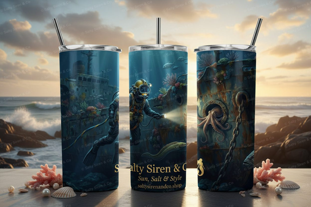 Deepwater Diver Shipwreck 20oz Tumbler - Three Panel Mockup