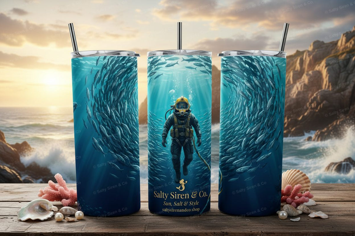 Deepwater Diver Bait Ball 20oz Tumbler - Three Panel Mockup