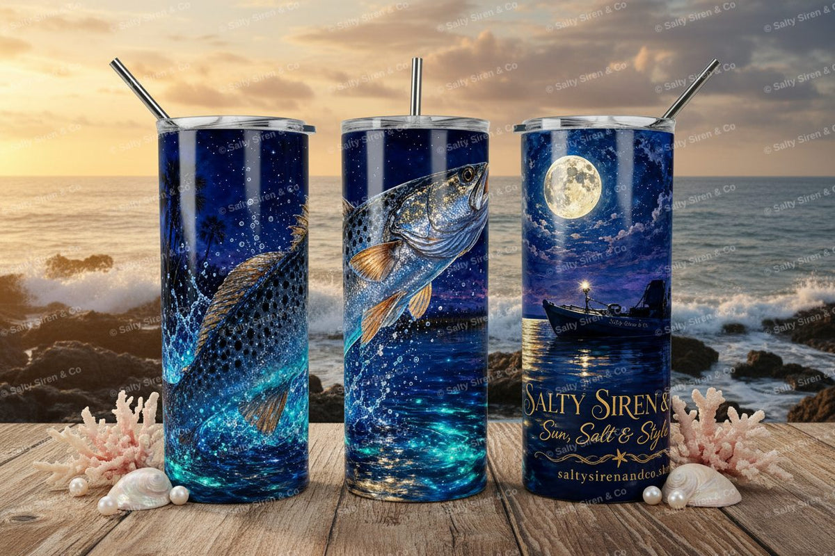Spotted Sea Trout Full Moon 20oz Tumbler - Three Panel Mockup