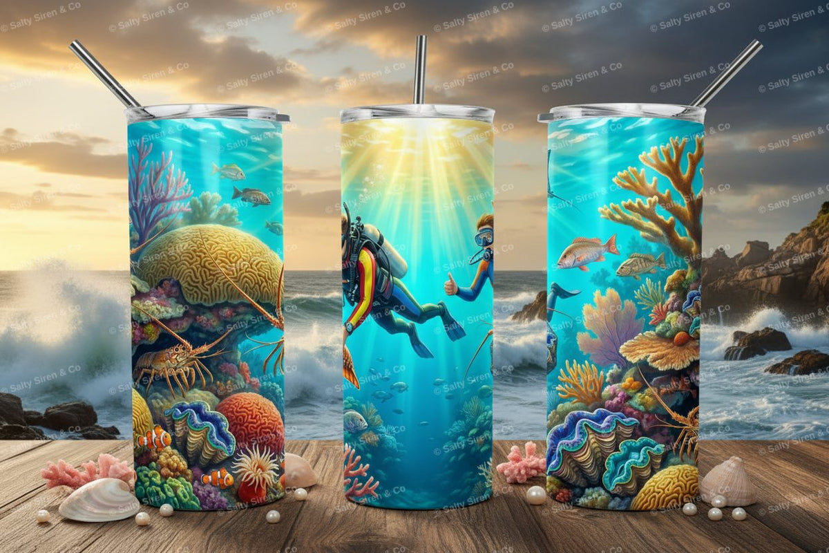 Reef Divers Lobster Hunt 20oz Tumbler - Three Panel Mockup