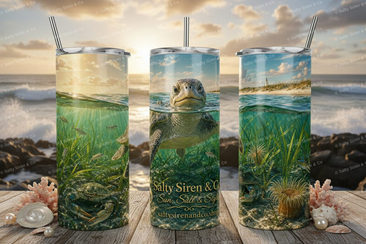 Kemp's Ridley Sea Turtle 20oz Tumbler - Three Panel Mockup