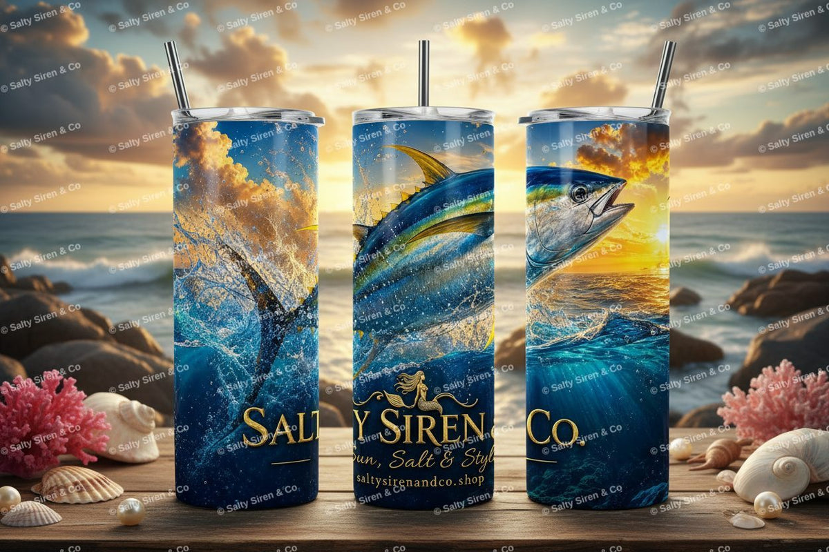 Yellowfin Sunrise 20oz Tumbler - Three Panel Mockup