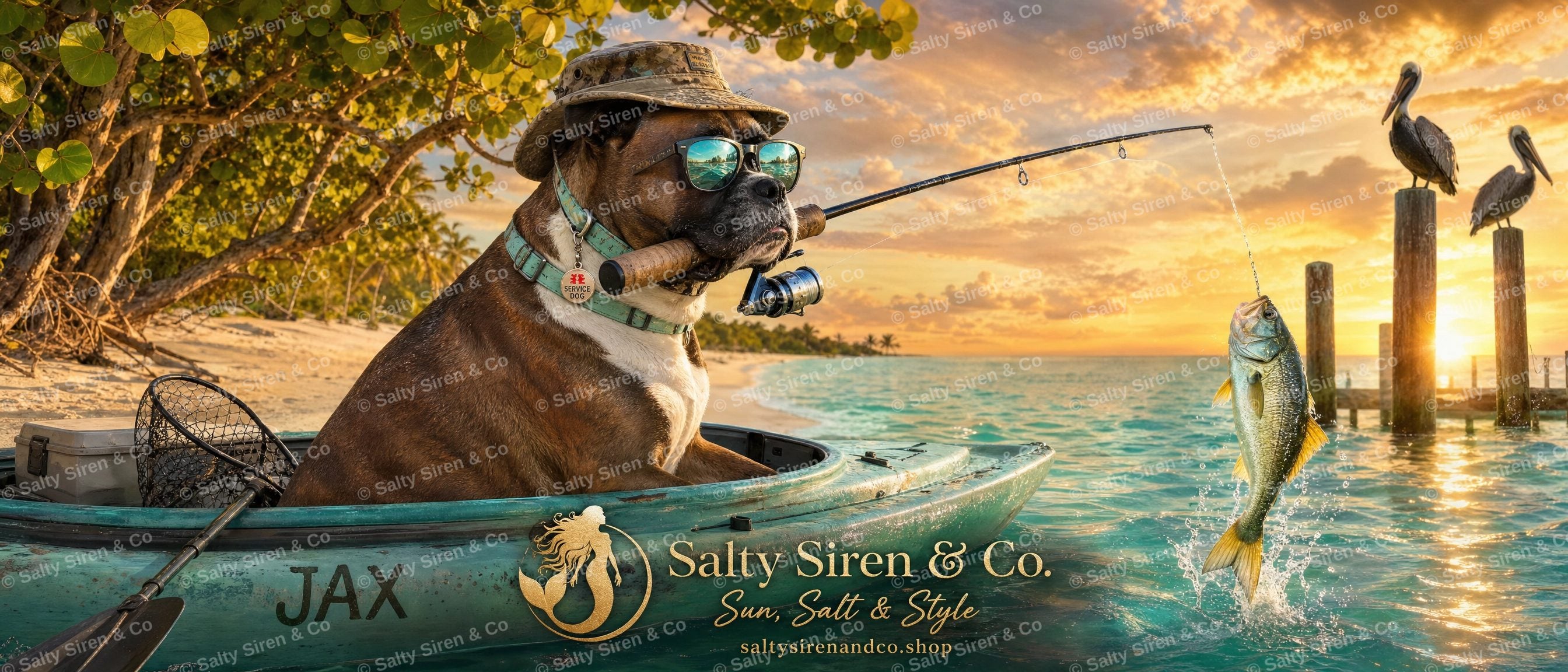 Jax the dog fishing from a kayak at sunset — Salty Siren & Co. tumbler