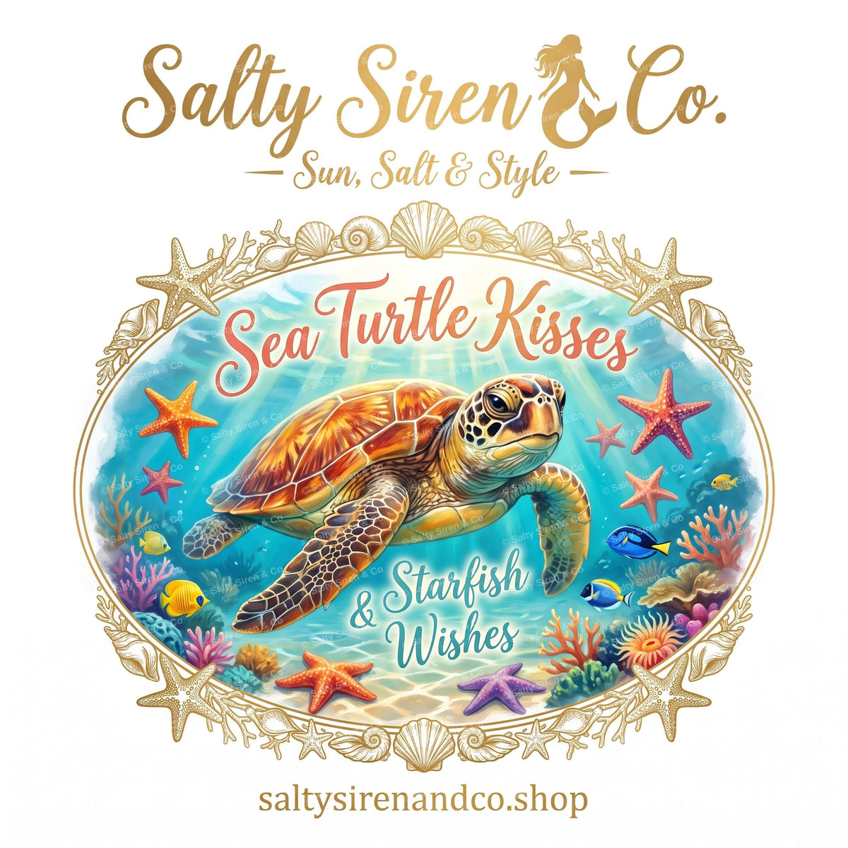 Sea Turtle Kisses & Starfish Wishes graphic tee design by Salty Siren & Co