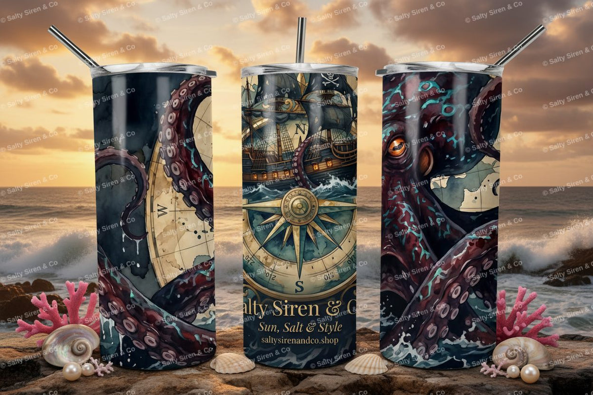 Compass Kraken Pirate Ship 20oz Tumbler - Three Panel Mockup