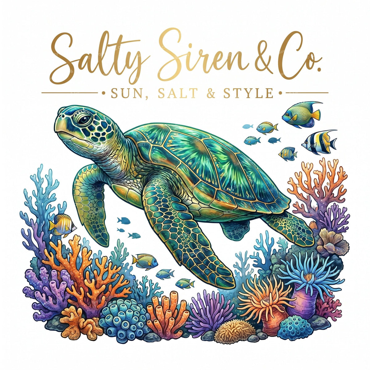 Reef Glider sea turtle swimming over coral reef graphic tee by Salty Siren & Co