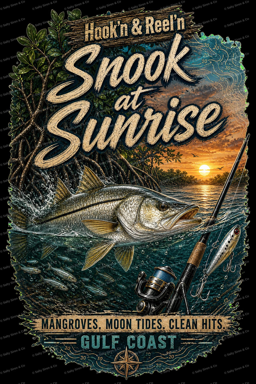 Hook'n & Reel'n Snook at Sunrise shirt design