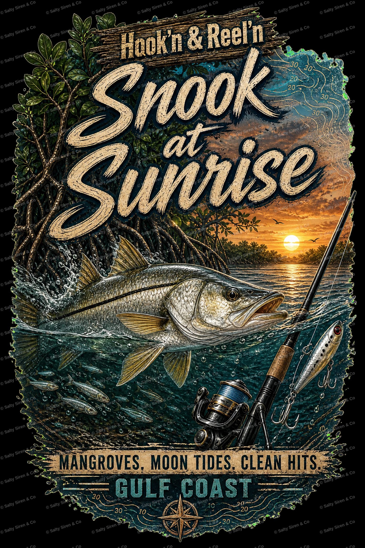 Hook'n & Reel'n Snook at Sunrise shirt design