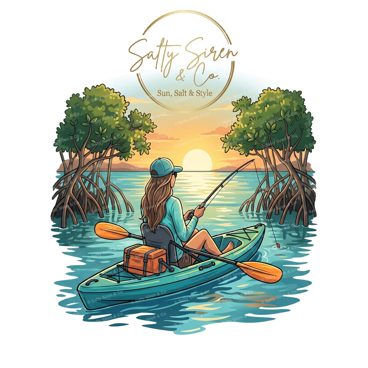 Kayak fishing at sunset through mangroves graphic tee by Salty Siren & Co